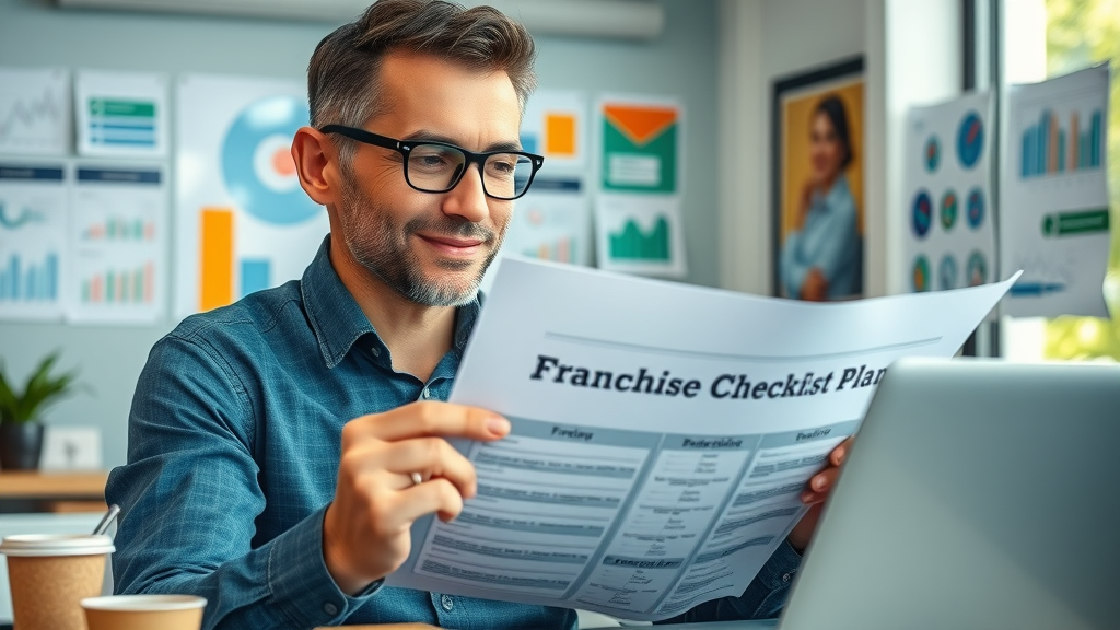 Confident franchise owner reviewing detailed business plan