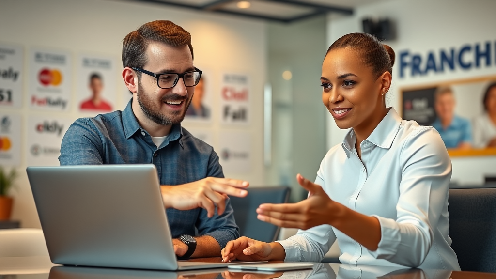 successful franchisor mentoring new franchisee, pointing at laptop, training in franchise business model setting