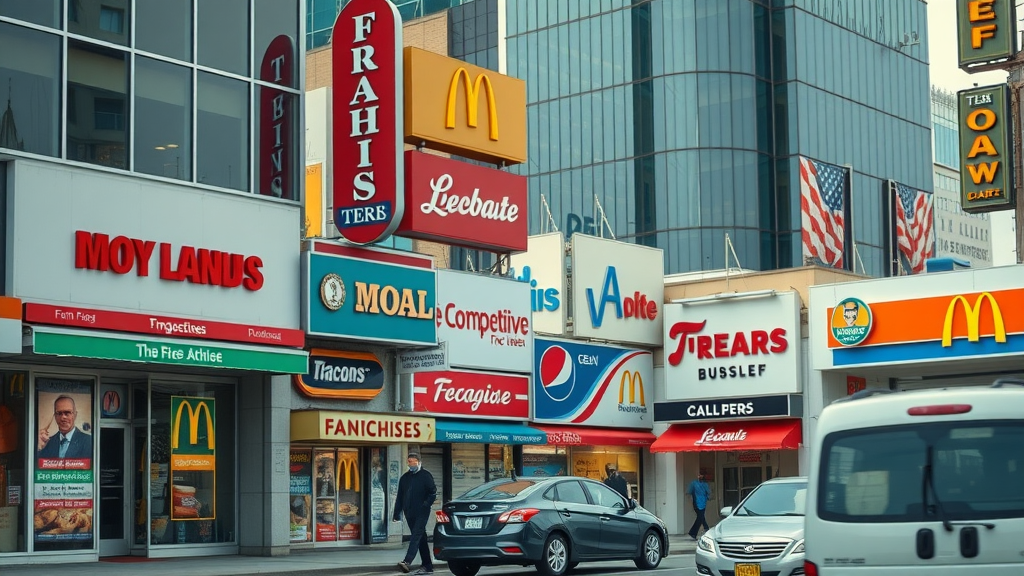 competitive franchise businesses on a busy street, rival storefronts, business owners and real estate risks, united states setting