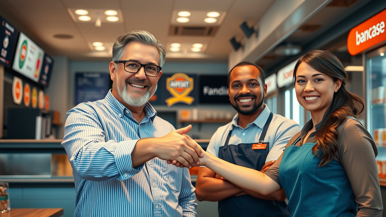 confident franchise owner with staff, shaking hands inside franchise location, franchise business model success