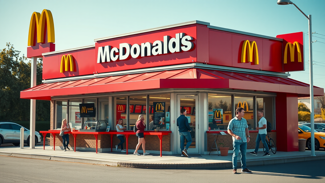 iconic McDonald’s restaurant, staff serving happy customers, franchise business model example, united states
